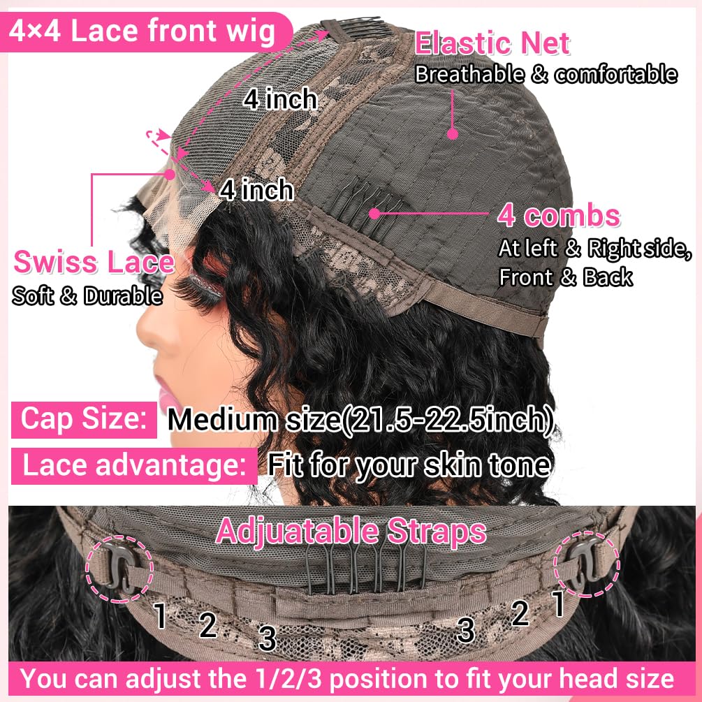 Wear and Go Glueless Human Hair Bob Wig 4x4 Curly Wave Lace Front 10 Inch 180% Density - Image 4