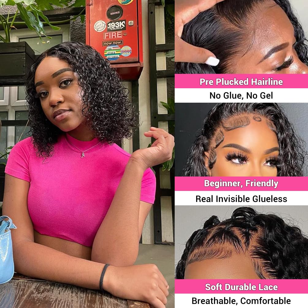 Wear and Go Glueless Human Hair Bob Wig 4x4 Curly Wave Lace Front 10 Inch 180% Density - Image 2