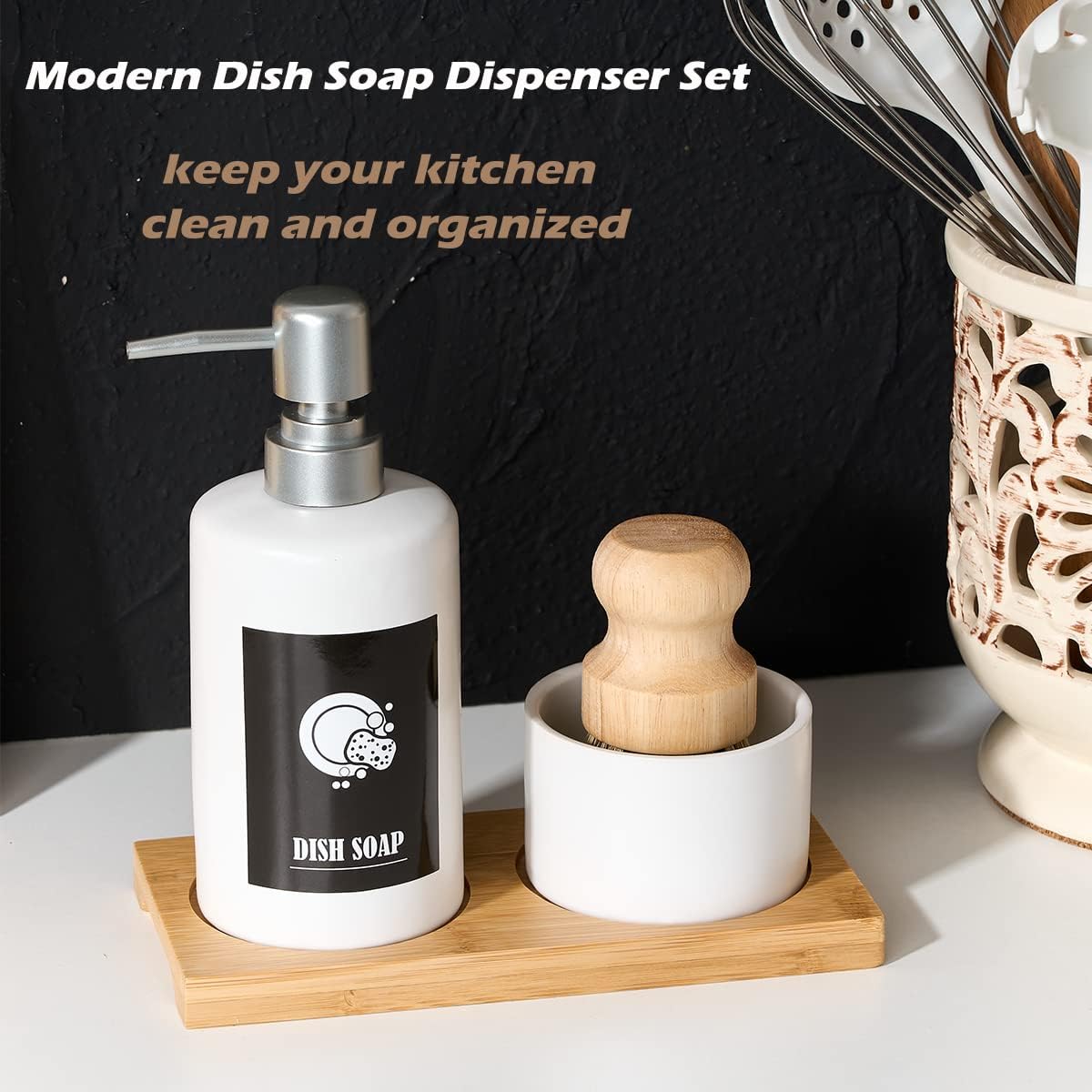 White Ceramic Kitchen Soap Dispenser Set with Bamboo Tray and Pot Brush, 13 oz - Image 2