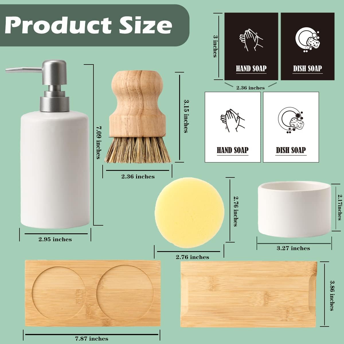 White Ceramic Kitchen Soap Dispenser Set with Bamboo Tray and Pot Brush, 13 oz - Image 3