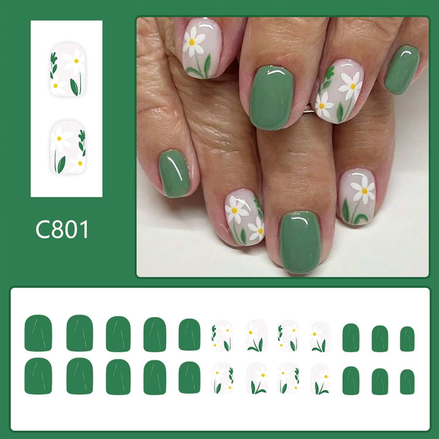 White Flowers Short Square Press on Nails Light Green Glossy Full Cover 24 Pcs - Image 2