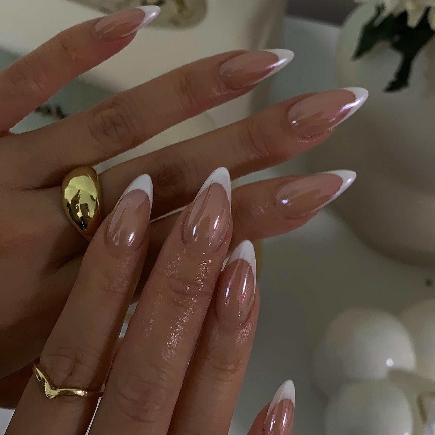 White French Tip Almond Press On Nails - KQueenest Medium Natural Nude Brown Fake Nails - Image 2