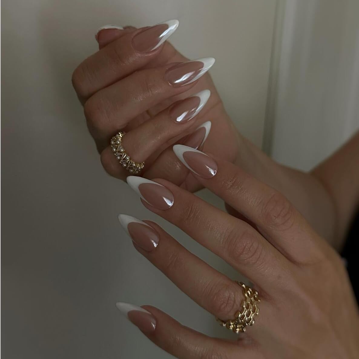 White French Tip Almond Press On Nails - KQueenest Medium Natural Nude Brown Fake Nails - Image 3