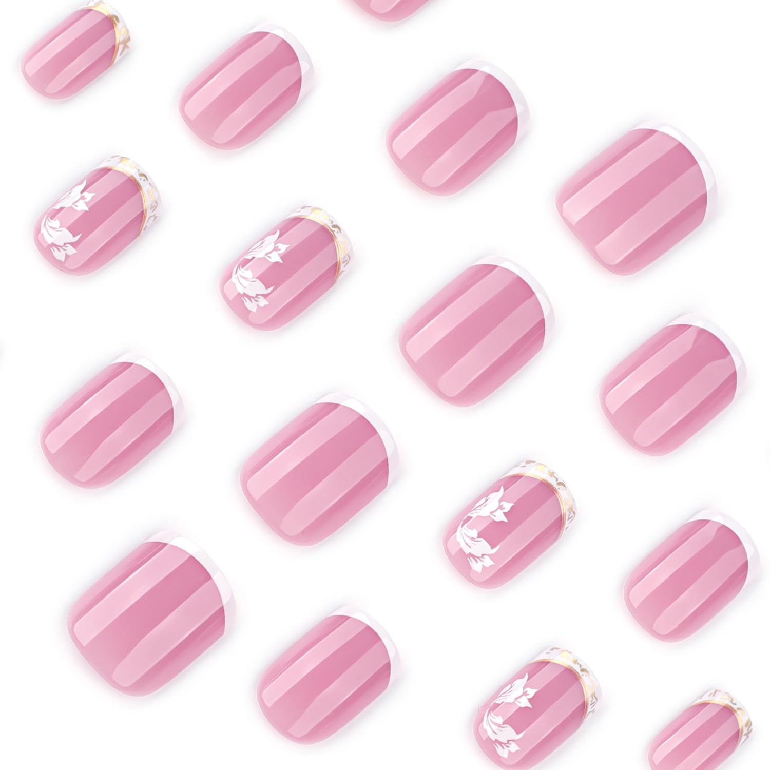 Reusable White French Tip Press on Nails with Butterfly Glitter Short Square 24 Pcs - Image 4