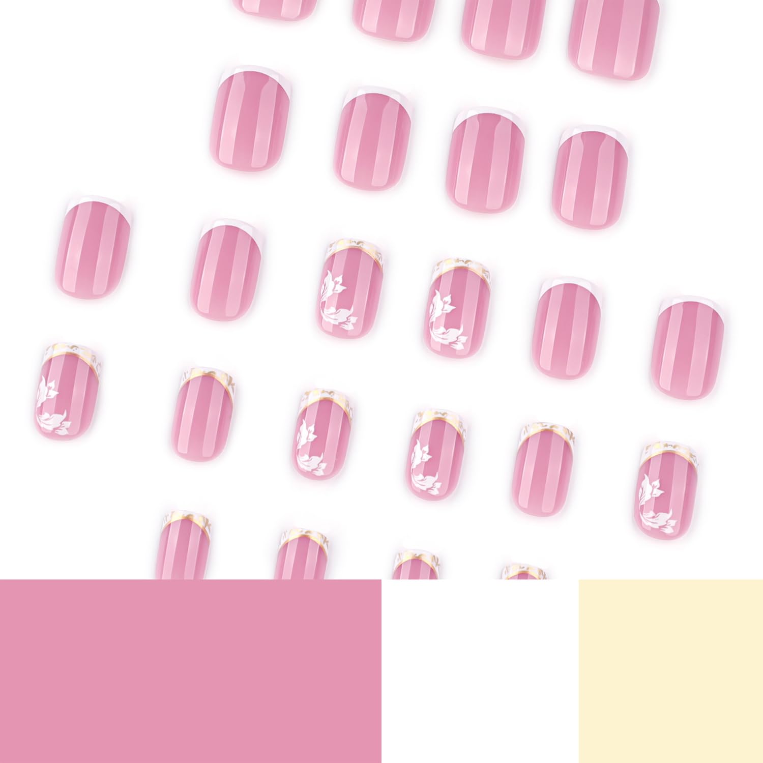 Reusable White French Tip Press on Nails with Butterfly Glitter Short Square 24 Pcs - Image 3
