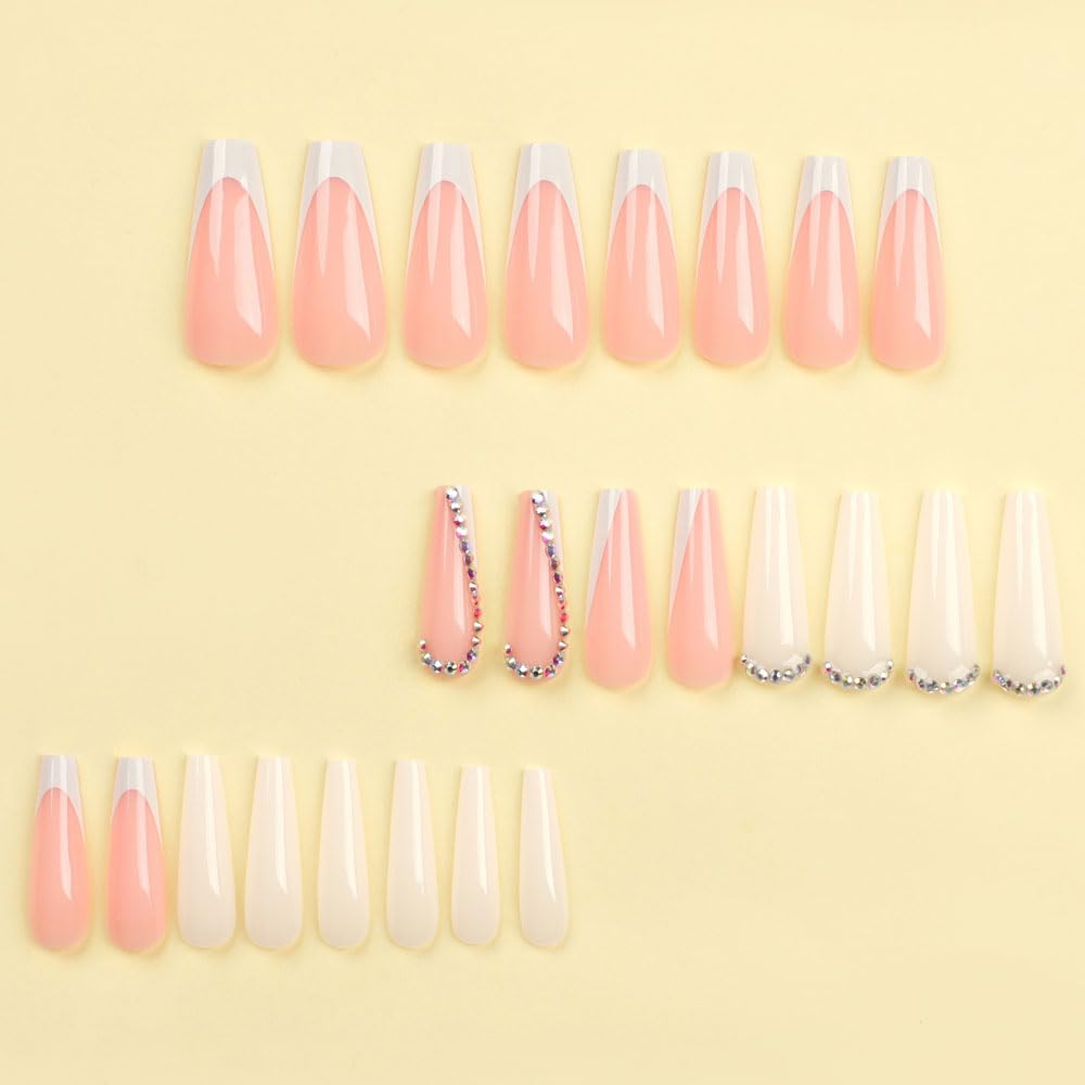 24Pcs White Long Coffin Press-On Nails with Rhinestones Full Cover Acrylic for Women - Image 2