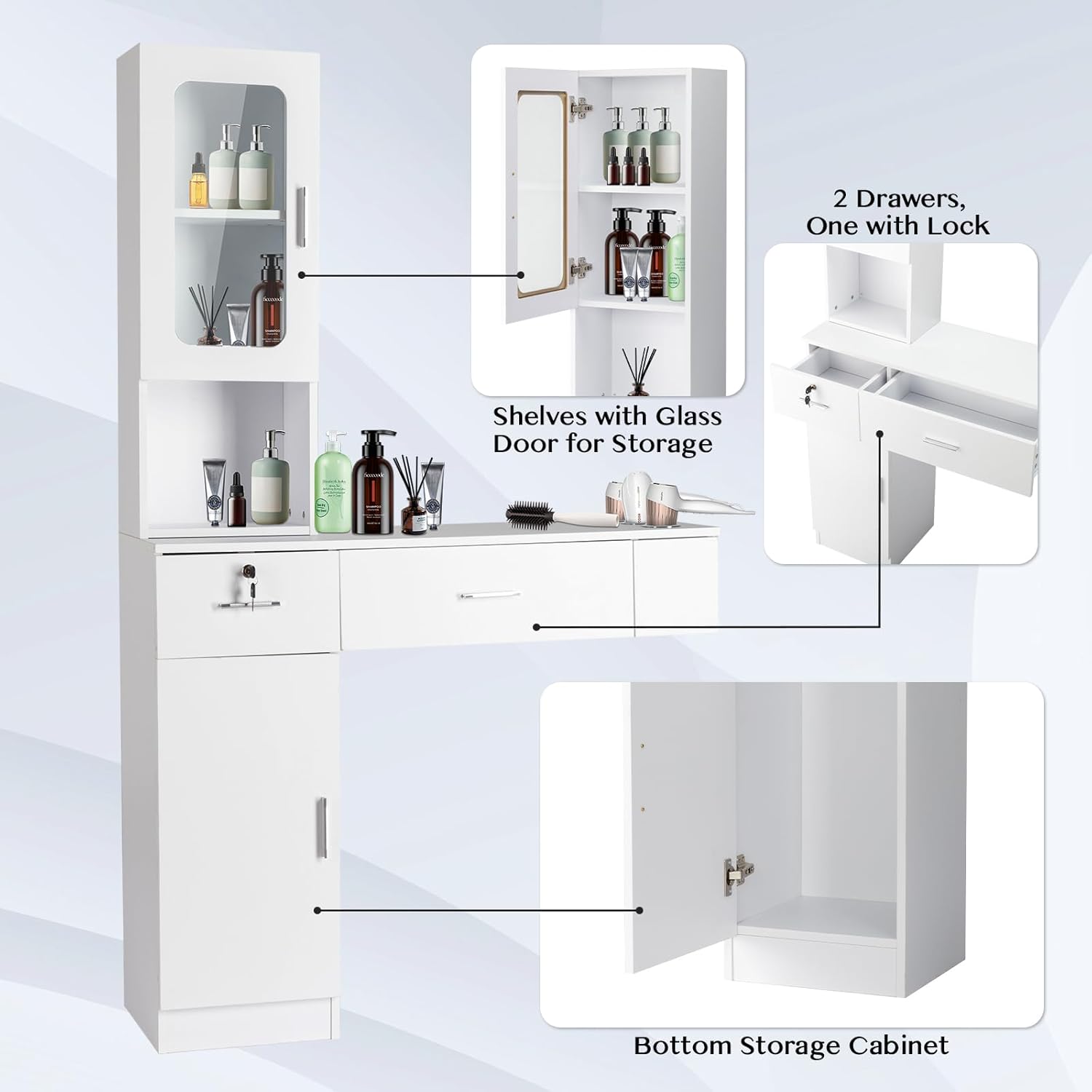 Winado Wall Mount Barber Salon Station and Makeup Vanity Desk with Storage Cabinet and 2 Drawers, White - Image 3