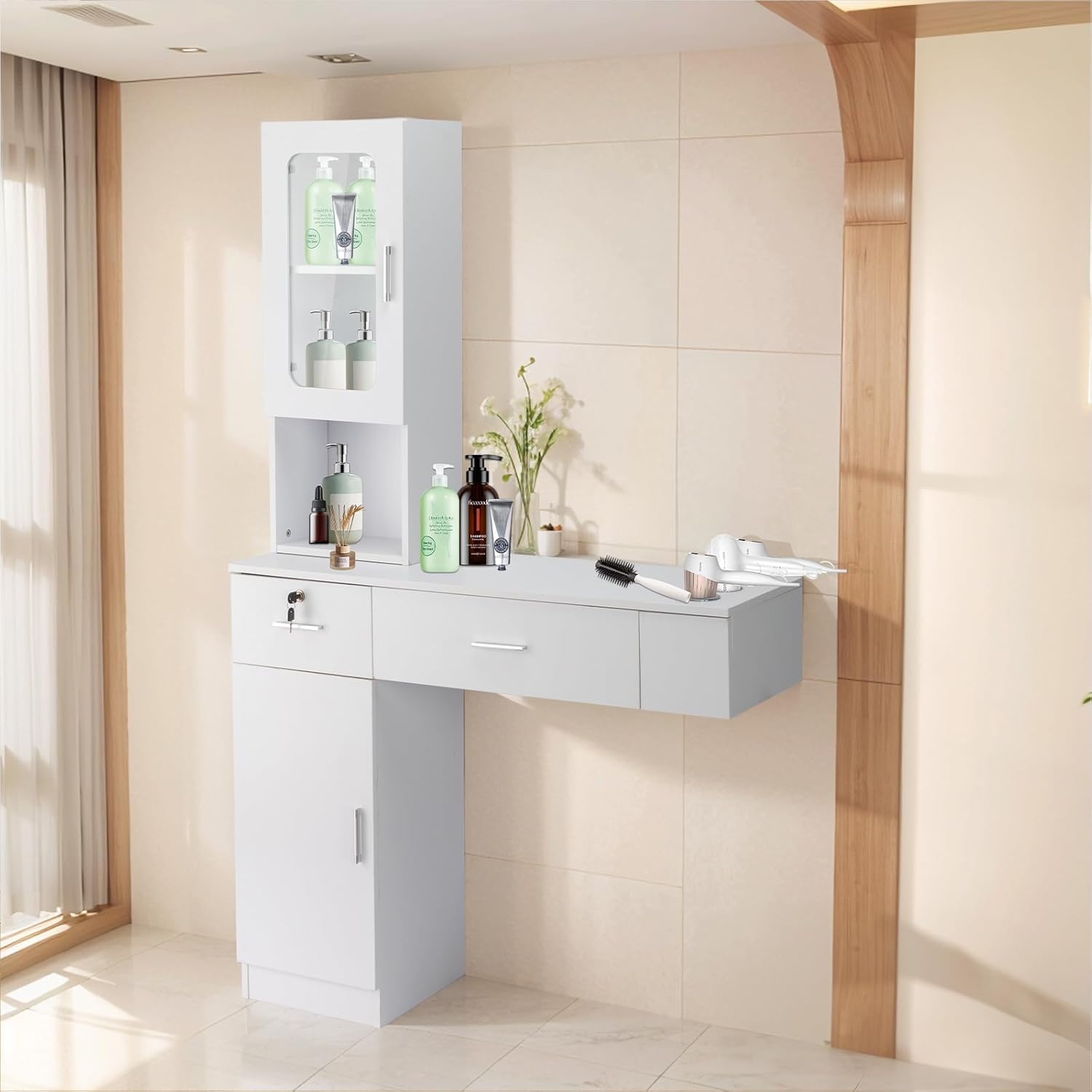 Winado Wall Mount Barber Salon Station and Makeup Vanity Desk with Storage Cabinet and 2 Drawers, White - Image 8