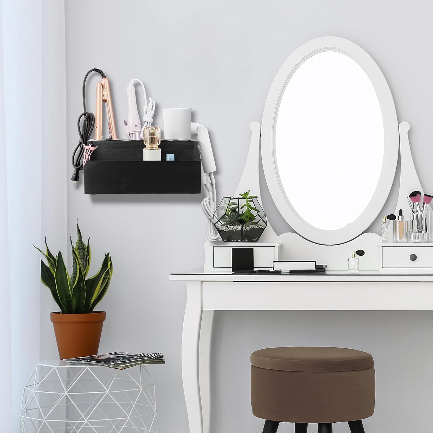 Black Wooden Wall Mount Hair Tool Organizer for Blow Dryer and Curling Wand - Image 7