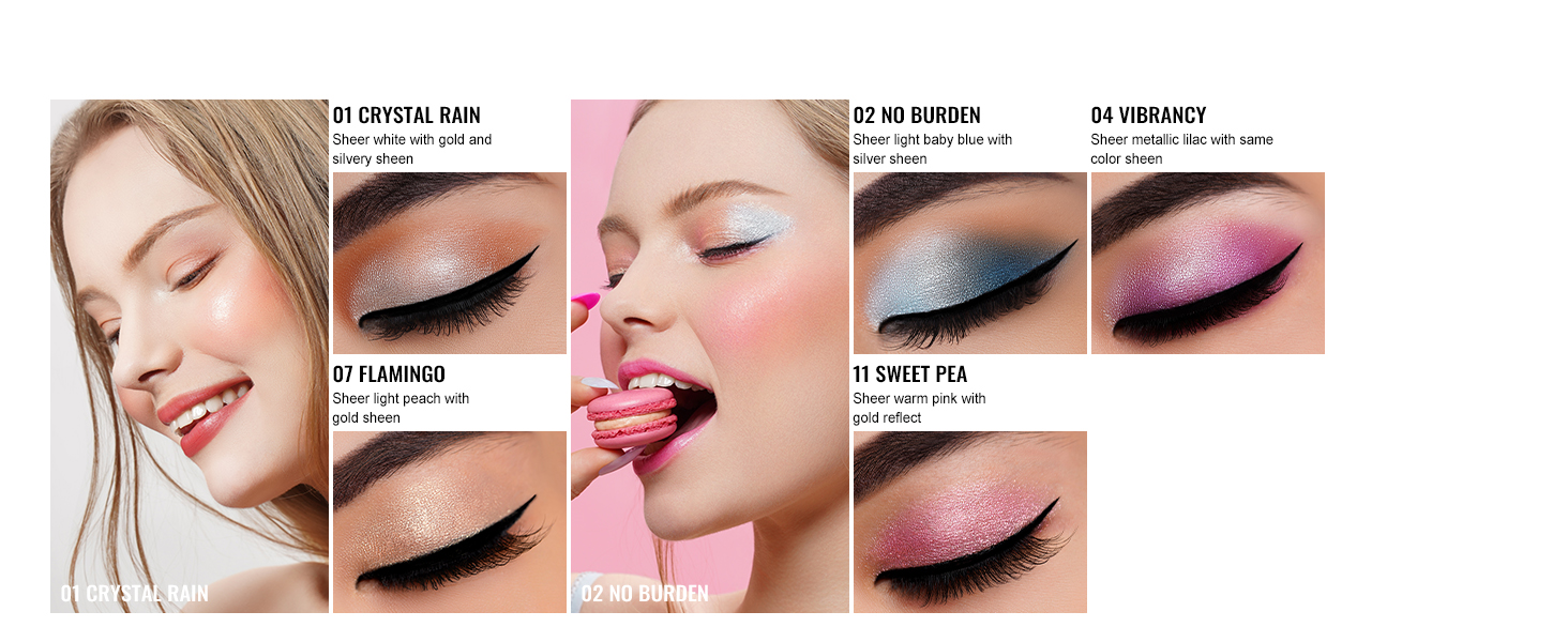 Collection of eyeshadow makeup application examples showing various shimmery and metallic looks in pink, silver, and smoky shades.