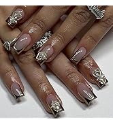 24 Pcs Winter Pink Press on Nails Short Square - LINMEIZAI Gold French Fake Nails Press ons Nail ...