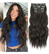 ALXNAN Clip in Long Wavy Synthetic Hair Extension 4PCS 24 Inch Dark Brown Thick Hairpieces Fiber ...