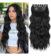 ALXNAN Clip in Long Wavy Synthetic Hair Extension 24 Inch Black 4PCS Thick Hairpieces Fiber Doubl...