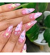 24 Pcs Pink Press on Nails Almond Medium Kawaii Cute Fake Nails Press ons Fashion Nail Tips Full ...