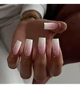 KQueenest Ombre Pink Press on Nails Long Square Shaped Gradient French Fake Nails Press Ons, Natu...