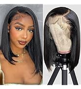 Flady 12 inch Straight Bob Wig Human Hair 13x4 HD Frontal Lace Wig Short Bob Wigs for Women Gluel...