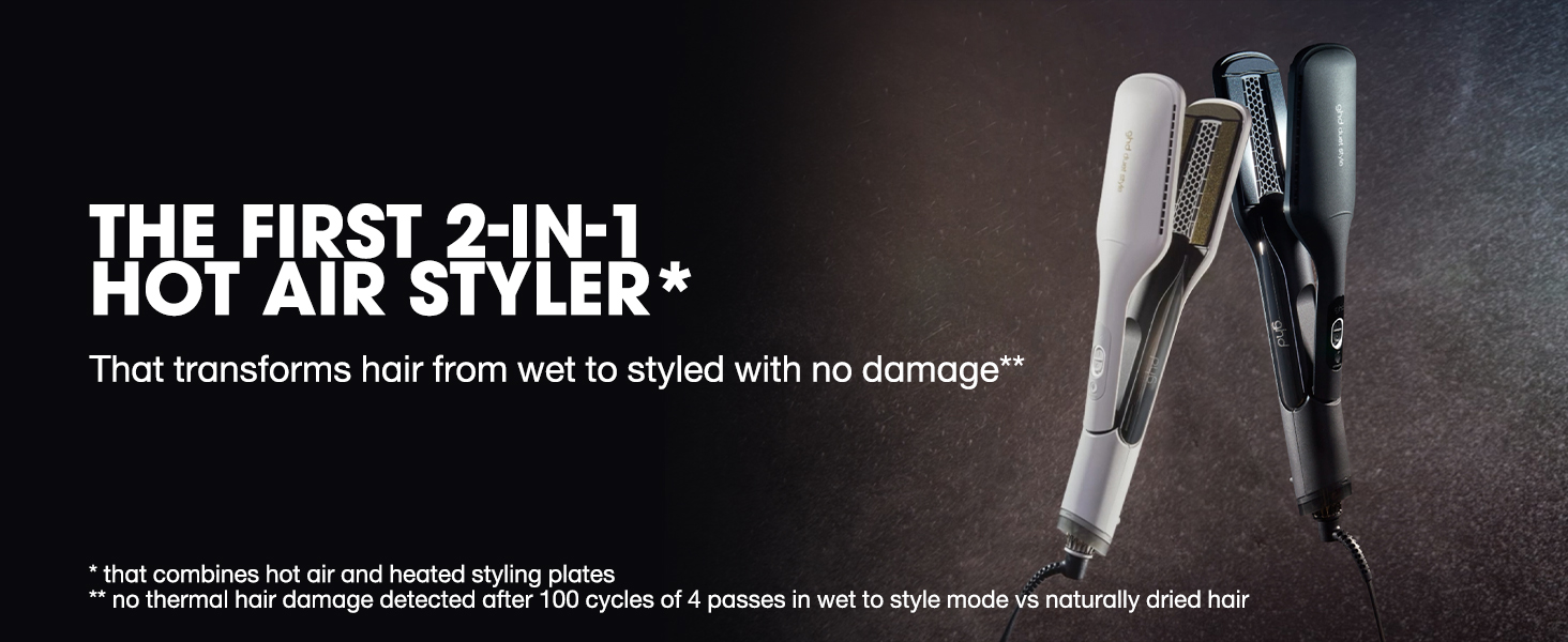 Duet Style from ghd in black and white. The first 2-in-1 hot air styler