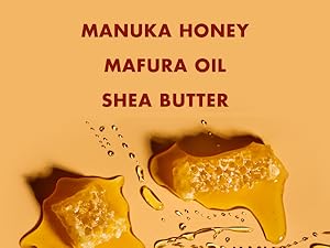 Text: Manuka honey, mafura oil, shea butter - with honeycombs against light orange background.