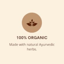 Leaf icon with text 100% organic shampoo made with natural Ayurvedic herbs