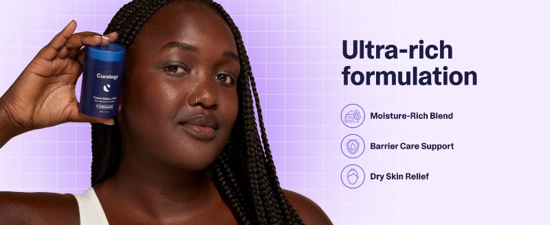 Ultra-rich formulation, woman holding up cream moisturizer to her cheek