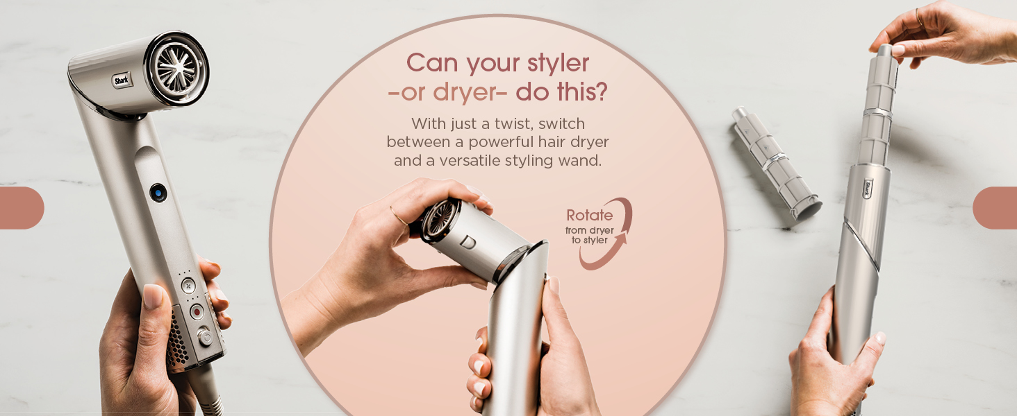 With just a twist, switch between a powerful hair dryer and a versatile styling wand.