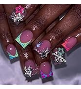 24 Pcs Press On Nails Short Square,YEFIUO Duck Mouth Fake Nails Press ons Cool Nail Art Tip Acryl...