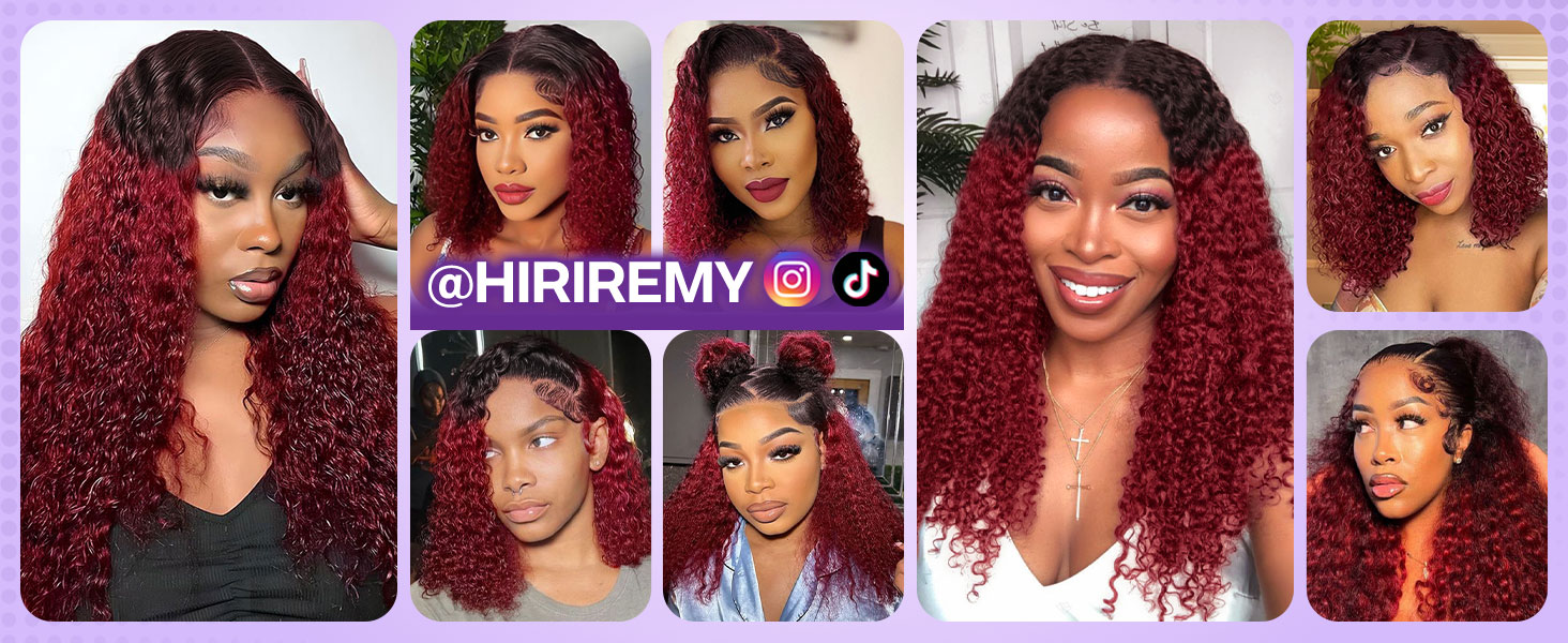 wine red color short curly bob lace front wigs human hair deep wave bob ombre 1b/99j burgundy