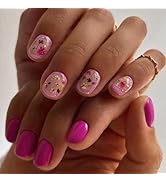 24Pcs Spring Nude Pink Press on Nails Short Square - SHANRUN Rose Red Fake Nails Press ons with F...