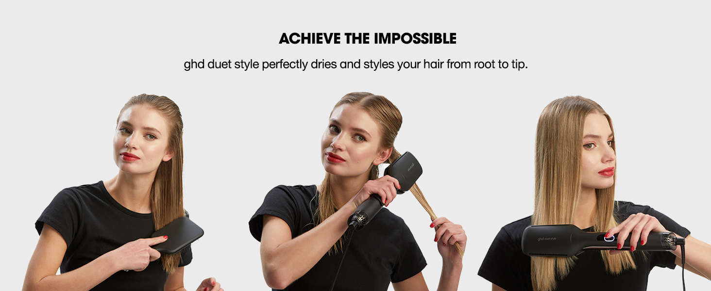 female model with blonde hair using the ghd's duet style in black