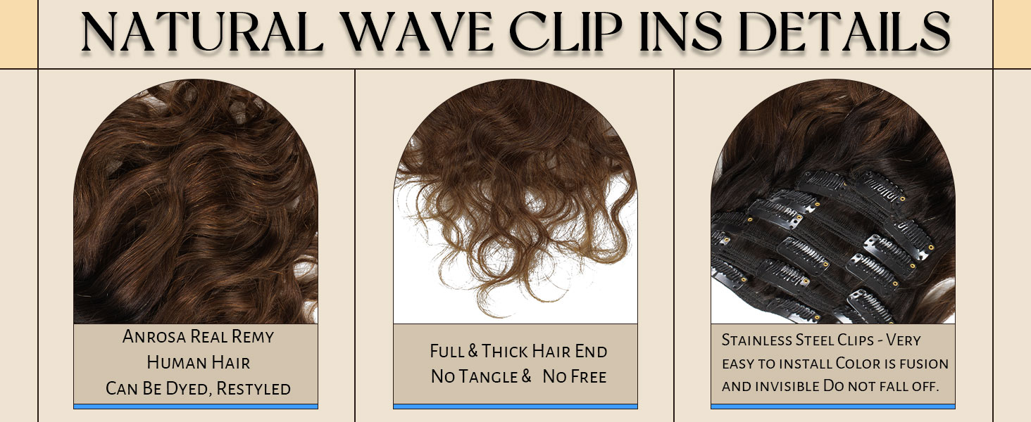 Anrosa Natural Wave Curly Clip in Hair Extensions