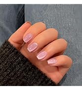 KQueenest Cat Eye Press on Nails Short, 30 Pcs Summer Press on Nails Square, Glass Pastel Pink Fa...