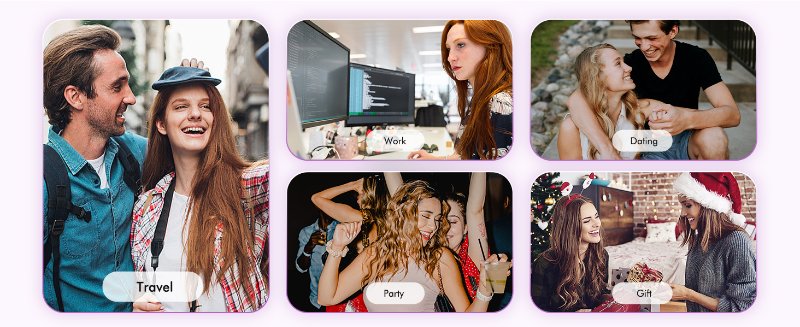 Collage of five images showing groups of people in social settings, including dining, working on laptops, and casual interactions.