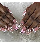 24 Pcs Press on Nails Medium Square,LINMEIZAI White Silver French Fake Nails Press ons Nail Tips ...