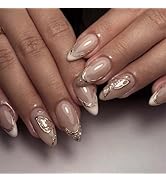 24Pcs Press on Nails Short Almond with Butterfly Gold Trim Design-LINMEIZAI Fake Nails Press ons ...