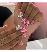 24 Pcs Press On Nails Short Square,YEFIUO Duck Mouth Fake Nails Press ons Cool Nail Art Tips Flow...
