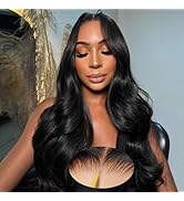 MUGOHK Glueless Wigs Human Hair Pre Plucked Pre Cut 28 Inch 7X5 Wear and Go Black Body Wave HD La...