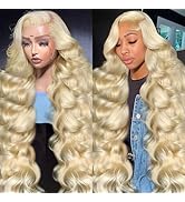 613 13x4 Lace Front Wig - Human Hair, 200% Density, 34 Inch Blonde Body Wave Lace Frontal Wig for...