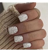 24Pcs Silver Press on Nails Short Square Fake Nails Glitter False Nails Design Full Cover Press o...