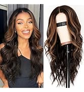AISI HAIR Dark Brown with Highlights Wig for Women, Long Wavy Lace Hairline Middle Part Synthetic...