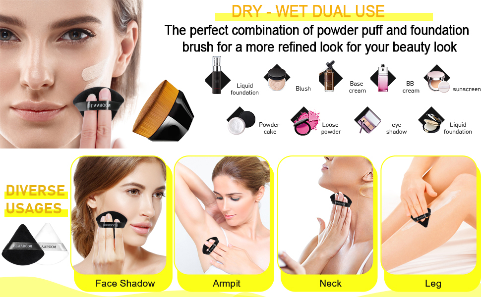Velour Triangle Powder Puff And Flat Top Hexagon Kabuki Foundation Brush for Face Makeup
