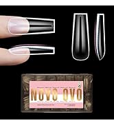 NOVO OVO Long Square Nail Tips NATURAL (Not SCULPTED) for Flat Nail Beds, Extra Thick L Length Fa...