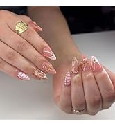 24 Pcs Spring Press on Nails Short Almond - YEFIUO Flesh Pink Nail Tips Acrylic Nail Kit 3D Flowe...