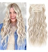 ALXNAN Clip in Long Wavy Synthetic Hair Extension 20 Inch Ash Blonde Mix Highlights 4PCS Thick Ha...