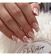 24 Pcs Nude Pink Press on Nails Medium Square - YEFIUO Glitter Fake Nails with Gold Swirl Designs...