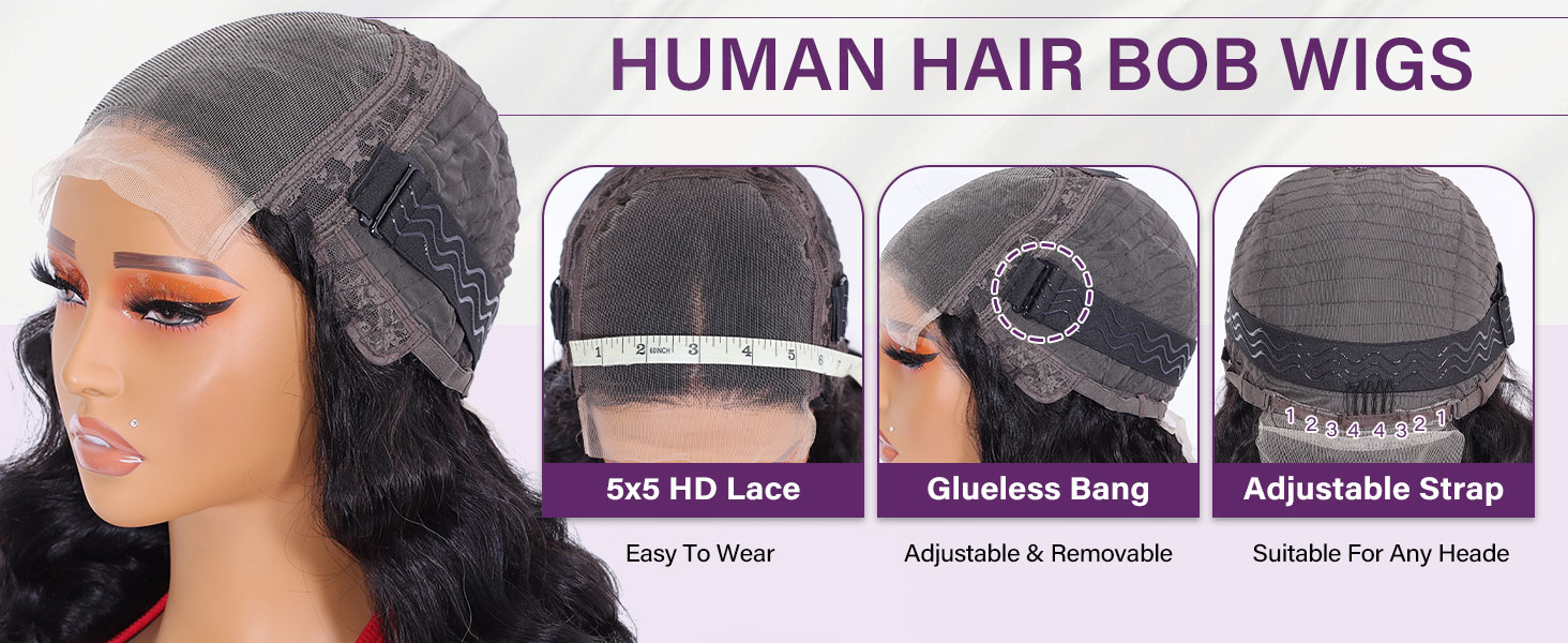 Glueless 5x5 Body Wave Bob Wig Human Hair 200% Density