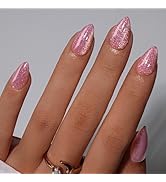 KQueenest Cat Eye Press On Nails Short, Acrylic Press On Nails Almond, Sparkle Rose Pink Fake Nai...