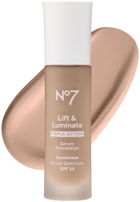No7 Lift & Luminate Triple Action Serum Foundation - Liquid Makeup with SPF 15 for a Dewy, Glowy Base - Radiant Formula for Mature Skin - Cool Vanilla (1 Fl Oz)