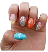 24 Pcs Summer Press on Nails French Tips Medium Almond Acrylic False Nails Sun Stick on Nail Glos...