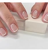 Short Square Press on Nails Petite MABKJLF French Tip Fake Nails Light Pink Full Cover White Nail...