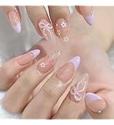 24 Pcs Spring Press on Nails Short Almond,LINMEIZAI Purple French Fake Nails Press ons Nail Tips ...